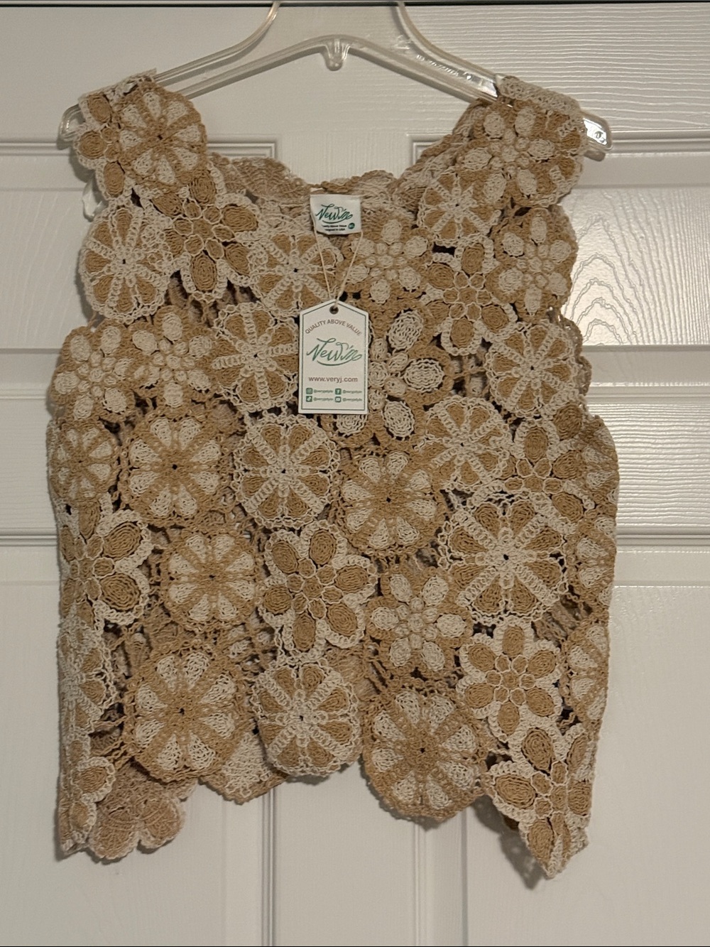 Very J Beige and Cream Crochet Floral Tank Top